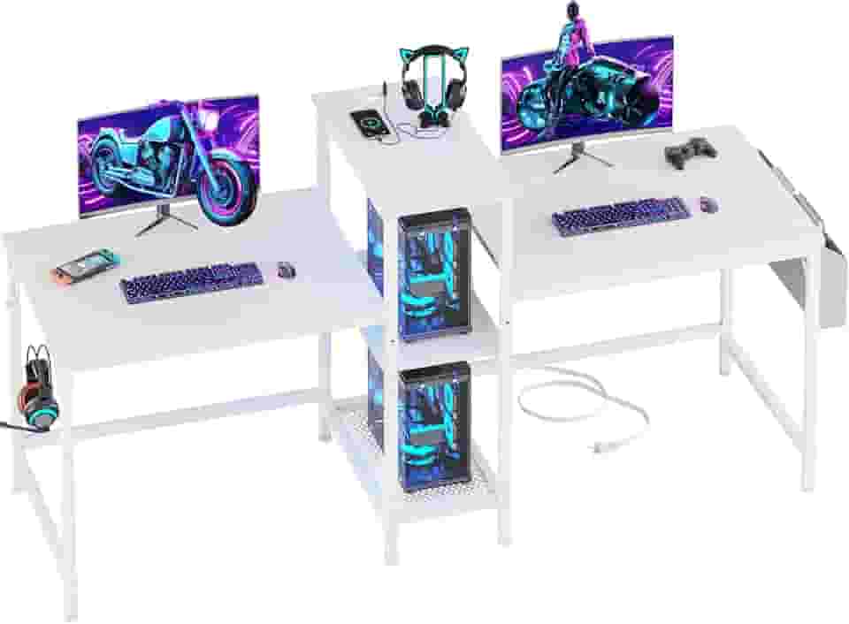 Furologee Mesa dupla com tomadas, mesa de computador de 188 cm com bolsa de armazenamento e ganchos de fone de ouvido, mesa de estudo de jogos para escritório em casa, branca, 2 pessoas