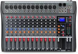 VEDO Mesa de som 12 canals, Small Stage Bluetooth USB MP3, entrada 48V Phantom Power DJ Audio Network Karaoke Mobile Live High Power Mixer Professional 12 Channel Studio Audio Mixer 110V/220V