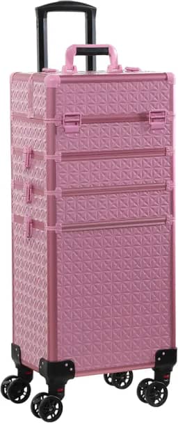 Estojo de trem com rodinhas 4 em 1 portátil para maquiagem organizador de cosméticos profissional estojo de viagem Trolley Cart Trunk, rosa, Central Hardside Mala expansível com rodas giratórias