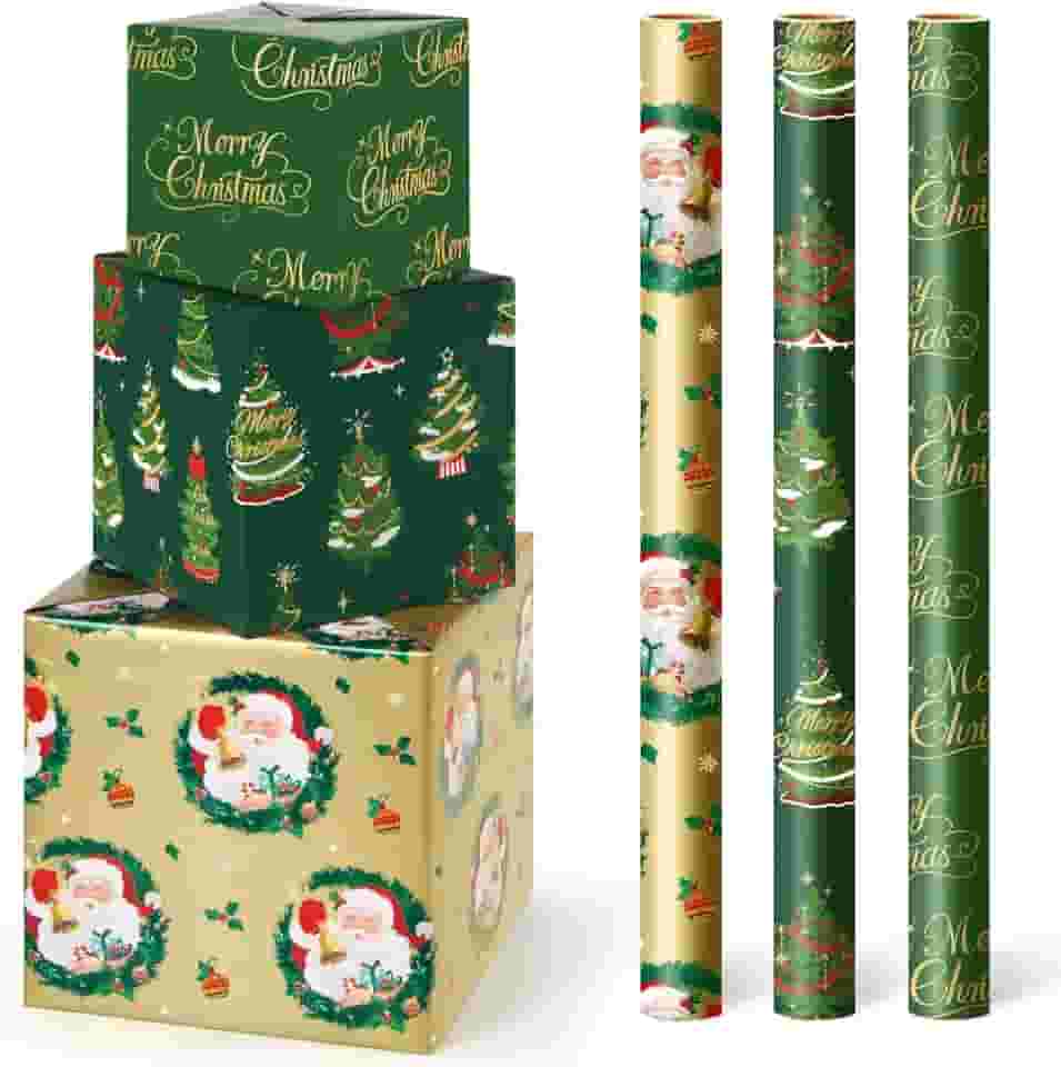 WERNNSAI Rolos de papel de embrulho de Natal – 3 rolos 43,2 cm x 304,8 cm papel de embrulho de Papai Noel para crianças, papéis de embrulho para presente de Natal, Feliz Natal e árvore de Natal para