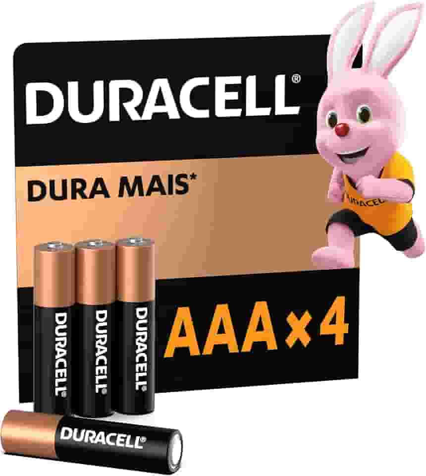 Duracell Pilhas Alcalinas AAA Palito Pack 4 Unidades – Dura Mais – Ideal para Controles Remotos Brinquedos e Lanternas