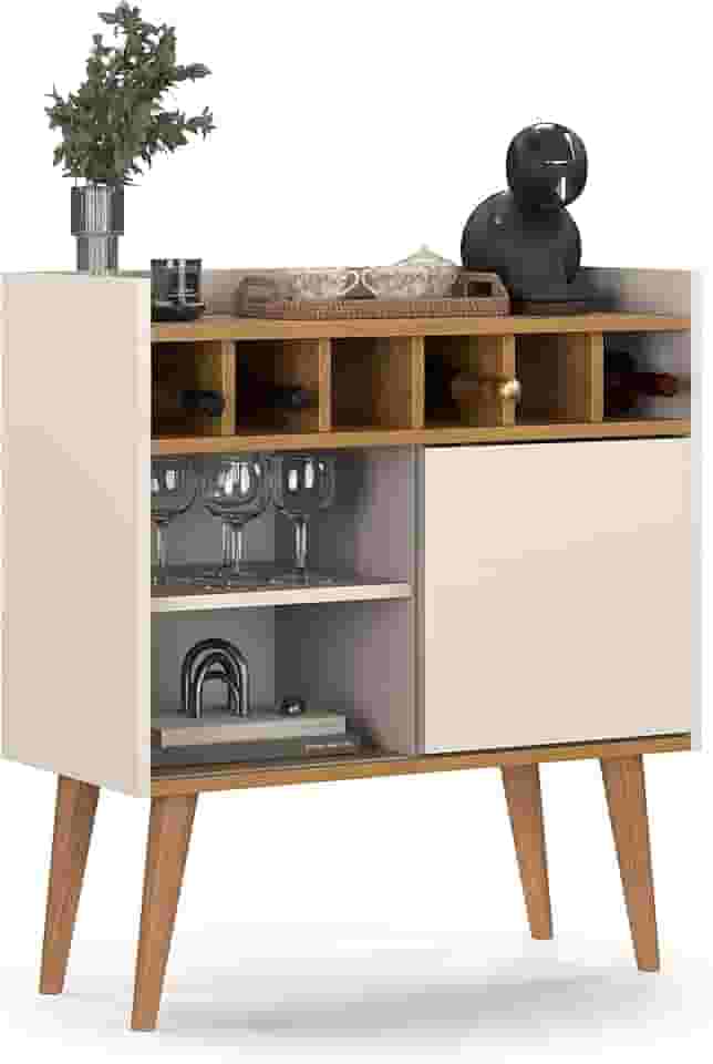 Aparador Retro Florença Adega Com Porta Nicho Prateleira Pés Madeira - Quality Móveis (OffWhite/Nature)