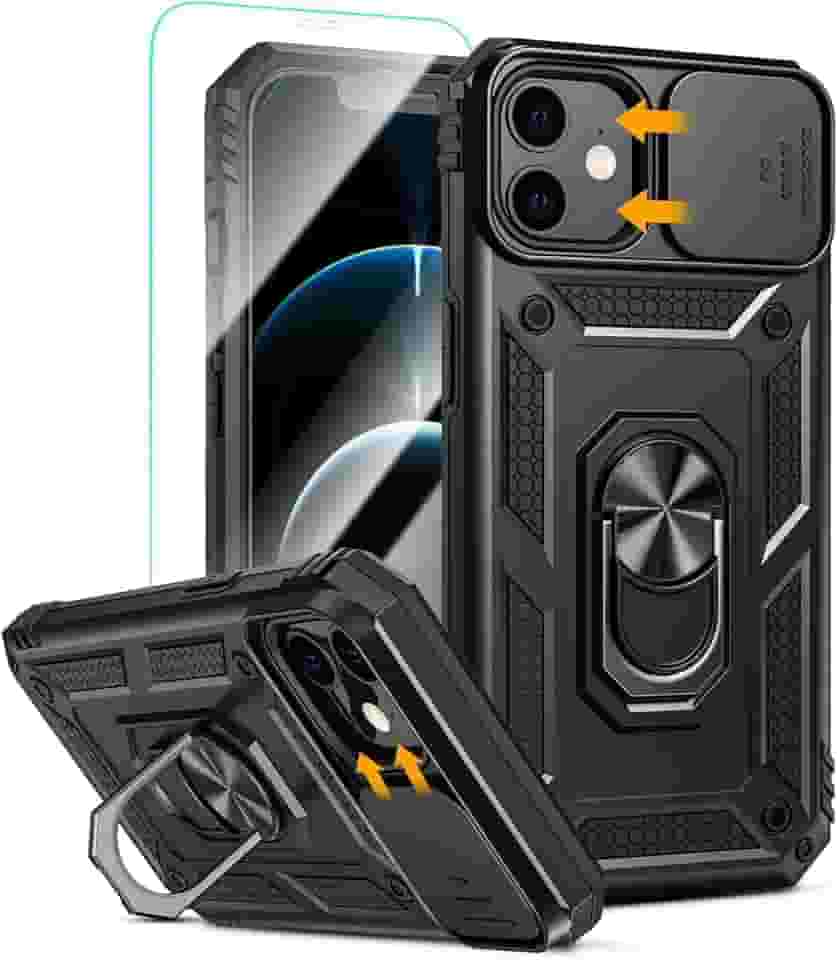 Capa para iPhone 12 e iPhone 12 Pro Capinha | com 2 peças de protetor de tela temperado com janela deslizante da câmera e suporte para telefone incluídos - Preto