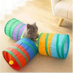 Brinquedo Interativo para Gatos Pets Tunel com Bolinha – Portátil Dobrável com 3 Saídas em T para Gatos Estímulo, Diversão, Exercício e Aventura Túnel Colorido
