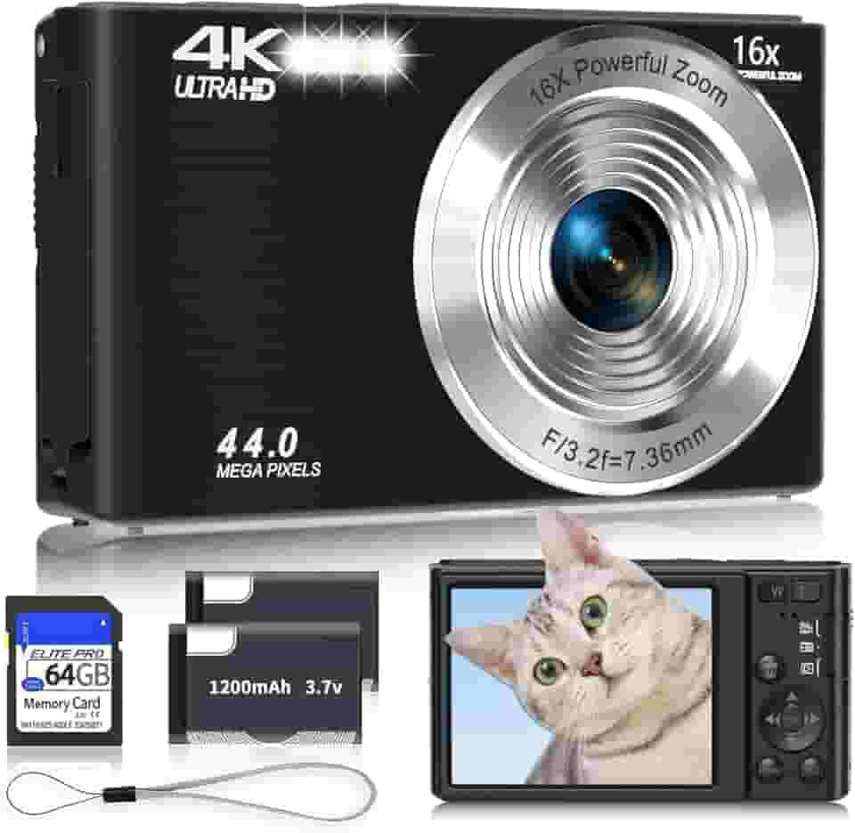 Câmera digital 4K, câmeras pretas de atualização para adolescentes, câmera digital de foco automático para crianças com zoom de 16X, cartão SD de 64 GB, câmera pequena compacta para meninos, meninas