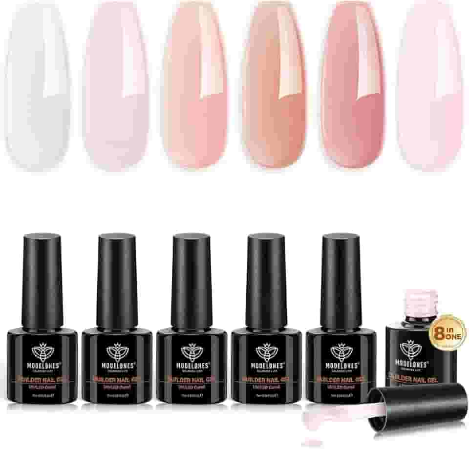 modelones Conjunto de esmaltes em gel Builder, cores de base, gel nude rosa, esmalte em gel de borracha reforçado, extensão 8 em 1, lâmpada LED para unhas, curado, 6 cores