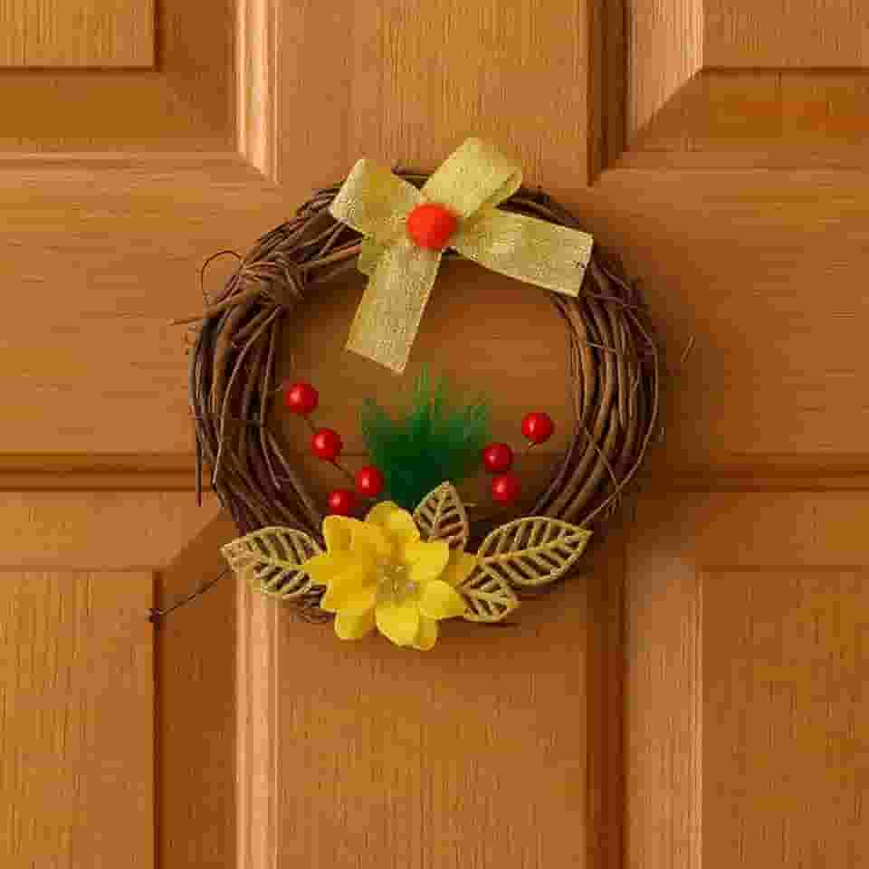 Guirlanda de Natal Luxo 17,5cm c/Galhos Naturais e Laço Elegante, Guirlanda para Porta, Decoração de Natal, Enfeite Natalino Minimalista