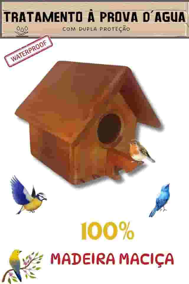 Casinha de Passarinho de Madeira Maciça, 12x14x16cm, Pintada à Mão