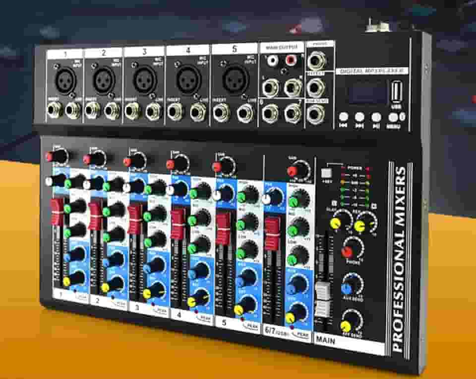 VDA107L Mixer de Áudio Profissional 7 Canais,Bluetooth 5.0, USB Phantom Power 48V Placa Som Digital com 6 Modos Efeito, Ideal para Shows ao Vivo Casamentos Podcasts Transmissões e Gravação em Estúdio