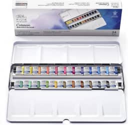 WINSOR & NEWTON Conjunto de aquarela Cotman – caixa de metal 24 meias frigideiras