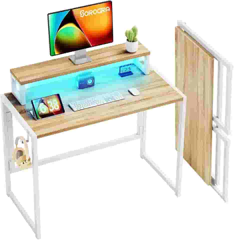 SOROGRA Mesa Dobrável de 81,5 cm, Mesa Portátil de Trabalho com Luzes LED e Suporte para Monitor, para Computador, Escrita, Rústico, Carvalho, 31.5 IN x 18.9 x 29.5