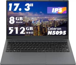 Laptop de 17,3 polegadas: Processador Celeron N5095 (até 2,9 GHz), 8 GB de RAM + 512 GB de armazenamento SSD, SO Win 11, com WiFi, USB 3.0, webcam – Ideal para estudantes e uso comercial