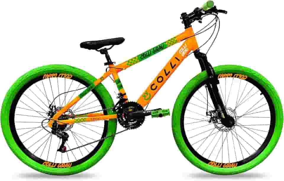 Colli Bike, Bicicleta Grau, Aro 26, Freios a Disco, 21 V, Alavanca Rapid Fire 3/7V, Pedivela Triplo Aço, Selim Colli C/Carrinho, Pedal Free Sport 9/16 Colorido, Pneus Coloridos, Guidão Downhill