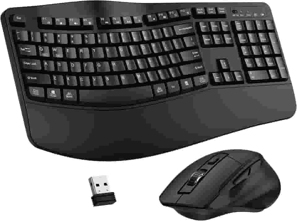 Combo de teclado e mouse sem fio, teclado ergonômico de 2,4 G, teclado ergonômico com descanso de pulso e mouse ergonômico sem fio ajustável de 3 níveis DPI para Windows, Mac OS, desktop/laptop/PC