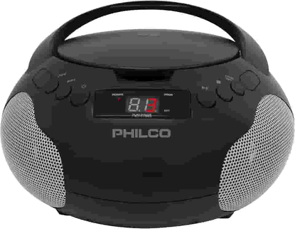 Philco Boombox portátil para leitor de CD com alto-falantes e rádio AM FM | Caixa preta Boom compatível com CD-R/CD-RW e CD de áudio | Entrada auxiliar de 3,5 mm | Som estéreo | Tela LED | Alimentado
