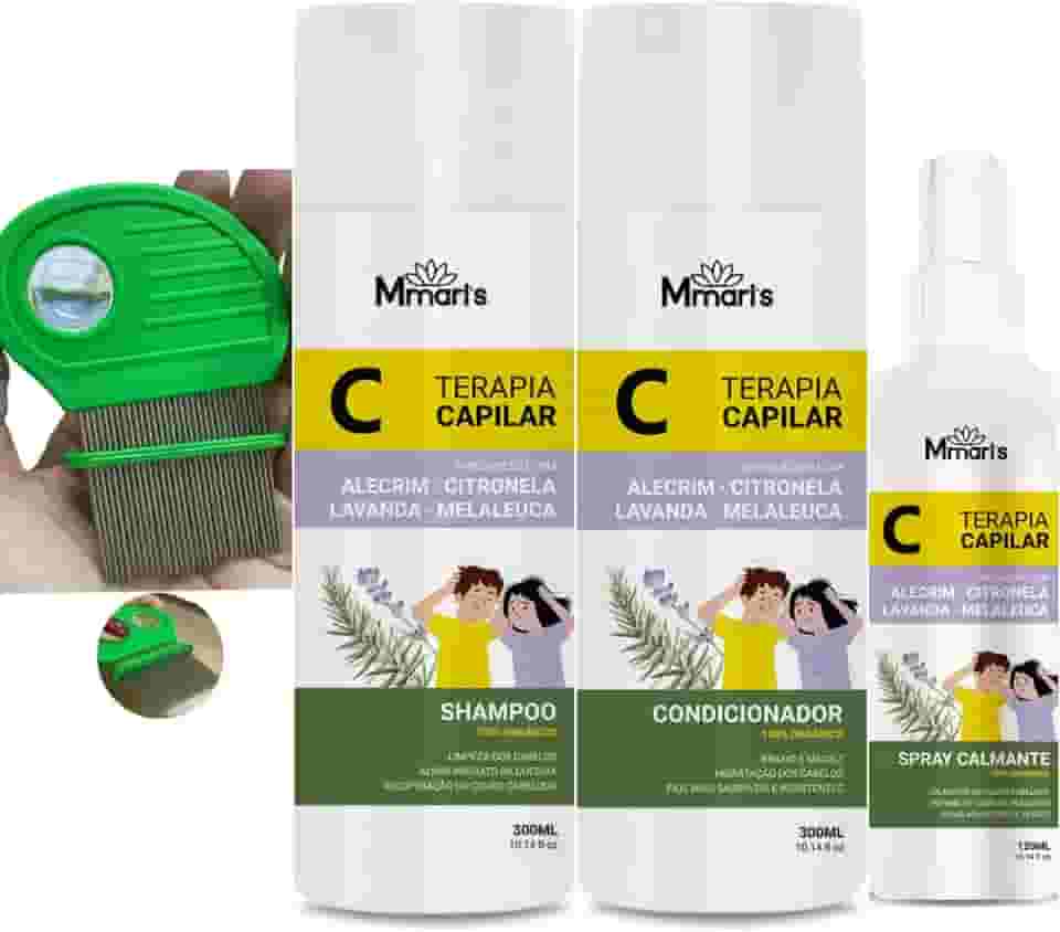 Kit M Mari's Terapia Capilar Combate Piolhos e Lêndeas Pente Fino de Ferro Aço Inox Shampoo Condicionador Spray Creme de Pentear Sem Enxague Pente Piolhos Cor Verde