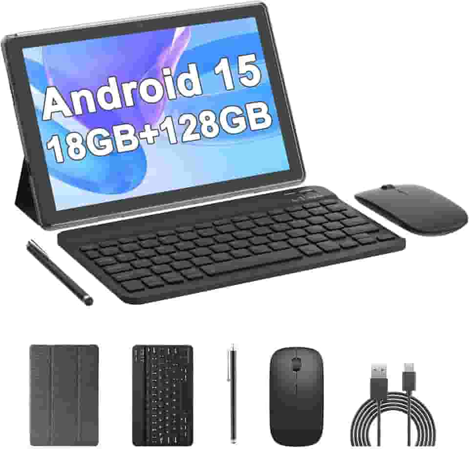 COOPERS Tablet Android 15, tablet de 10 polegadas, 18 GB de RAM + 128 GB de ROM 2 TB expansível, processador quad-core de 2,0 GHz, WiFi 5G 6 BT5.0, câmeras duplas, tablets 2 em 1 com capa de teclado
