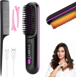 Escova Alisadora Aquecida Sem Fio, 199 Milhões de Íons Negativos, 3 Temperaturas, Aquecimento Rápido 20s, Recarga USB-C, Pente Modelador Portátil