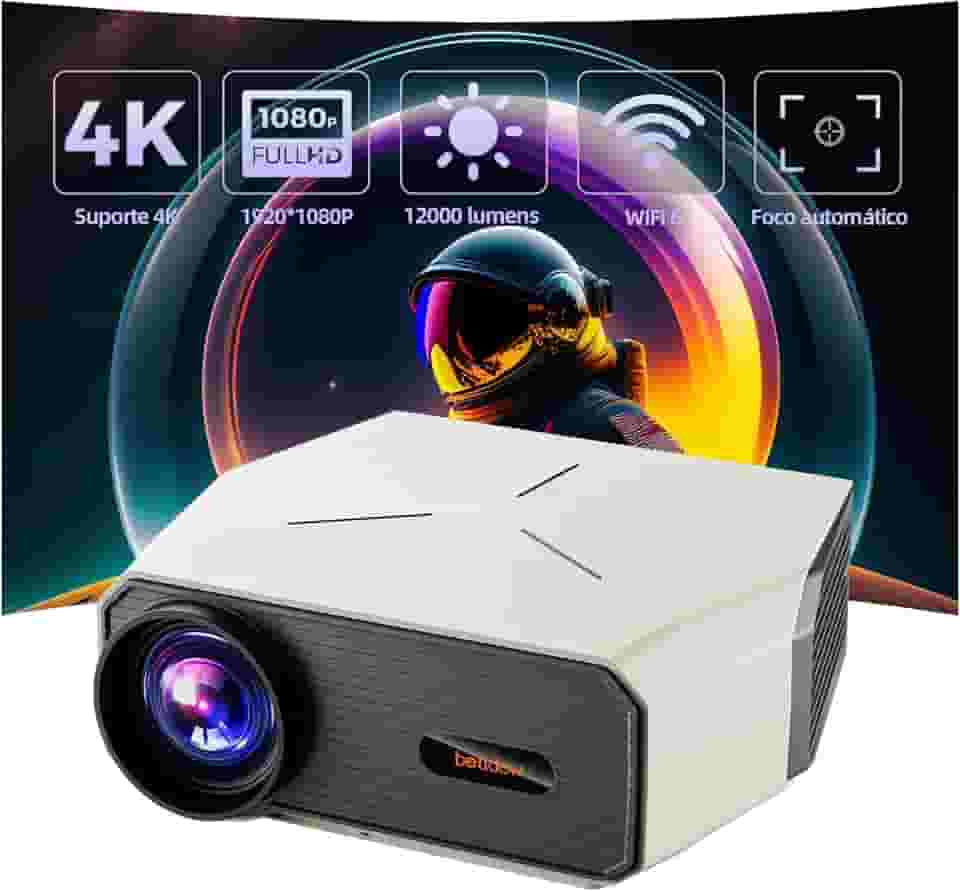 Bettdow Projetor 4k 12000 Lumens Full Hd 1080p Compatível Com Android 9, Smart Projetores Retroprojetor Portatil 350 ANSI WiFi 2.4G+5G BT 5.0, Eletronico Correção Trapezoidal, Foco Eletronico