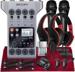 Zoom PodTrak P4 Gravador de Podcast Multitrack portátil, interface de áudio com 4 entradas de microfone, 4 saídas de fone de ouvido + microfone portátil, filtro pop, fone de ouvido com microfone