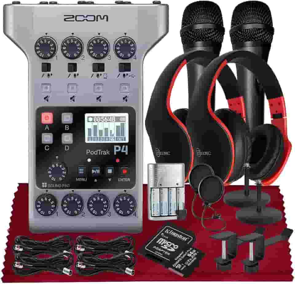 Zoom PodTrak P4 Gravador de Podcast Multitrack portátil, interface de áudio com 4 entradas de microfone, 4 saídas de fone de ouvido + microfone portátil, filtro pop, fone de ouvido com microfone