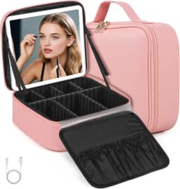 26 * 23 * 10 cm Bolsa de Maquiagem com Espelho e Luz LED de 3 Cores, Maleta Organizadora Makeup Case Portátil, Bolsa de Maquiagem Grande de Viagem, Organizador de Maquillaje, Carregamento USB