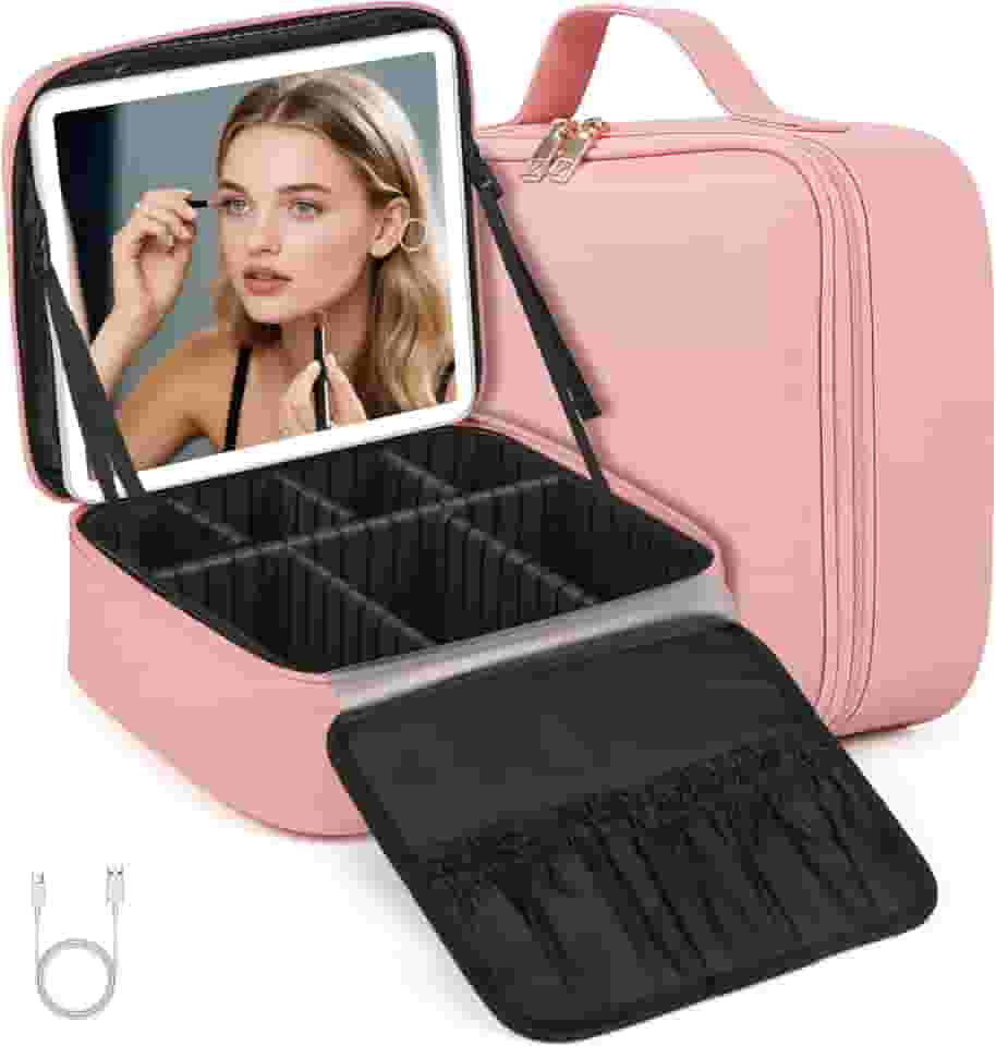 26 * 23 * 10 cm Bolsa de Maquiagem com Espelho e Luz LED de 3 Cores, Maleta Organizadora Makeup Case Portátil, Bolsa de Maquiagem Grande de Viagem, Organizador de Maquillaje, Carregamento USB