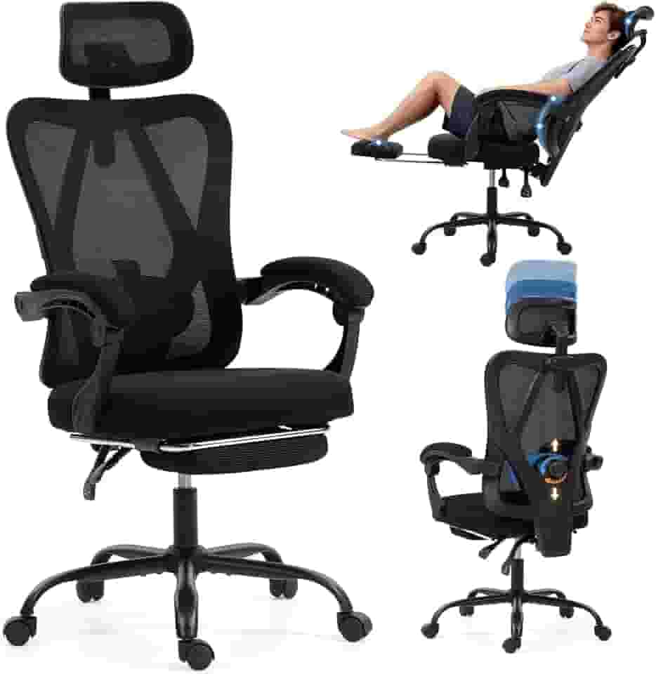 Cadeira de escritório com apoio para os pés, Cadeira de escritorio ergonomica, cadeira giratória 360°, com encosto de cabeça e apoio lombar ajustáveis, Encosto ajustável a 135°