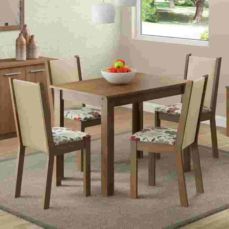 Conjunto Sala de Jantar Cíntia Madesa Mesa Tampo de Madeira com 4 Cadeiras - Rustic/Crema/Hibiscos