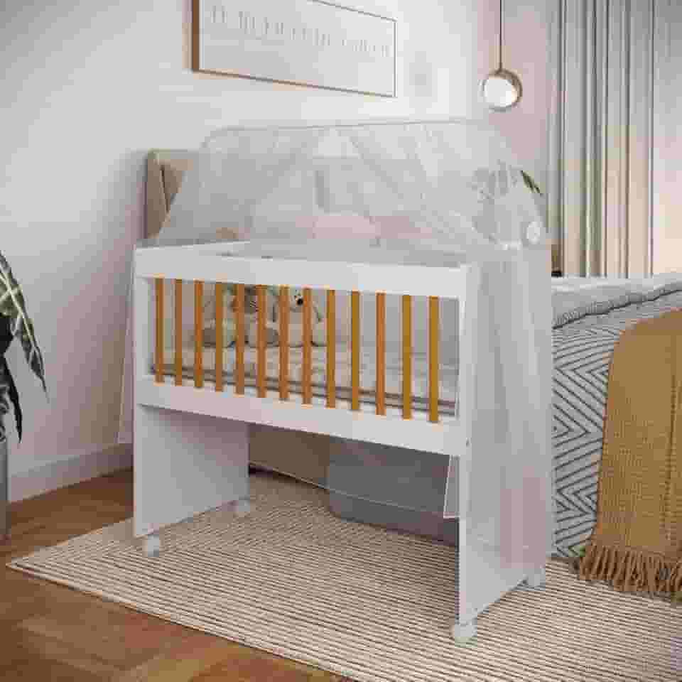Mini Berço Com Colchão E Suporte Para Mosquiteiro Multifuncional 5x1 Rodízios Chiqueirinho (Branco E Marrom)