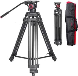 Miliboo Tripé profissional de vídeo para câmera mtt601a com cabeça fluida, espalhador central e placa QR, alumínio, altura de trabalho de 70-151 cm, carga máxima de 10 kg, básico