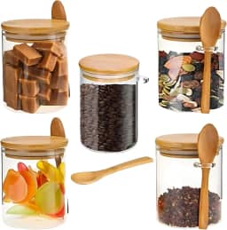 Pote de Vidro com Tampa de Bambu, 550ml, 8,5x12cm, Colher Incluída, para Café, Açúcar, Temperos, Alimentos, Doces - Cozinha Organizada (1 unidade)