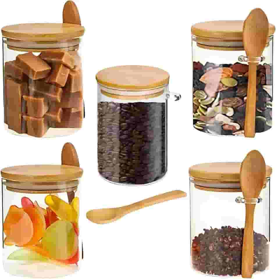 Pote de Vidro com Tampa de Bambu, 550ml, 8,5x12cm, Colher Incluída, para Café, Açúcar, Temperos, Alimentos, Doces - Cozinha Organizada (1 unidade)