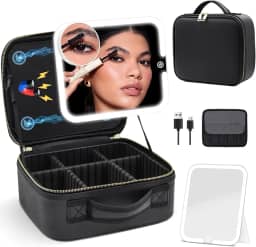 Estojo de maquiagem com espelho e luz 3 cores ajustam o brilho, bolsa de maquiagem com espelho estojo de cosméticos recarregável com divisórias ajustáveis de 2 camadas e espelho de aumento destacável de 10x, Preto e destacável, Magnético destacável