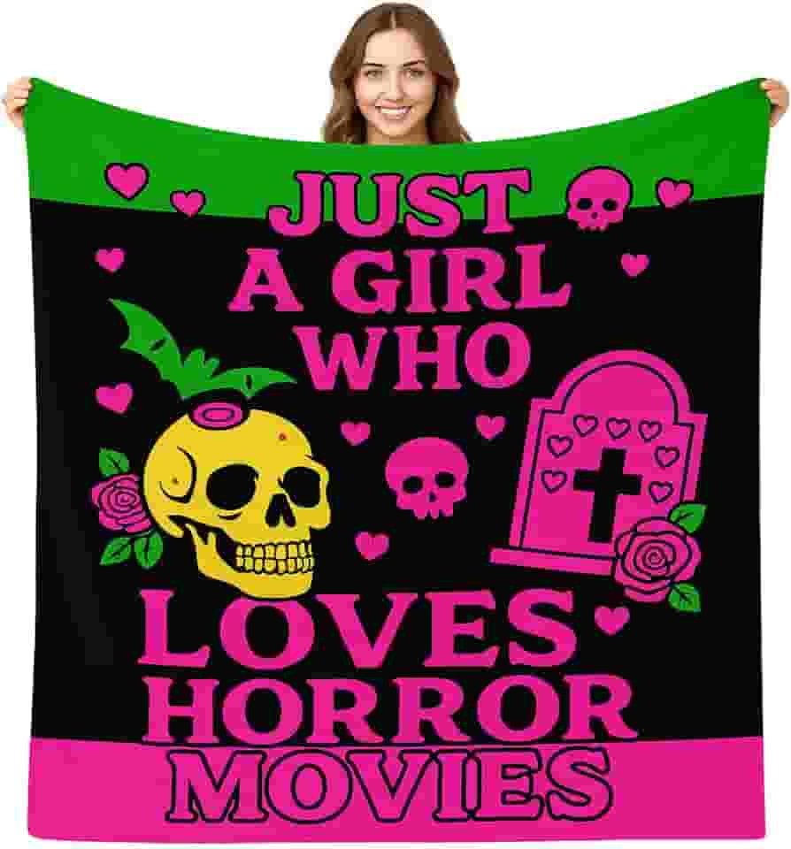 Hahafelt Presentes de filmes de terror, 152 cm x 127 cm Just a Girl Who Loves Horror Movies Blankets, cobertor de flanela para meninas, mulheres, amantes de filmes assustadores, presentes para fãs de