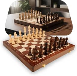 Jogo de Xadrez Clássico Profissional 100% Madeira Reflorestada, Tabuleiro Dobrável Portátil, Luxo com Acabamento em Verniz