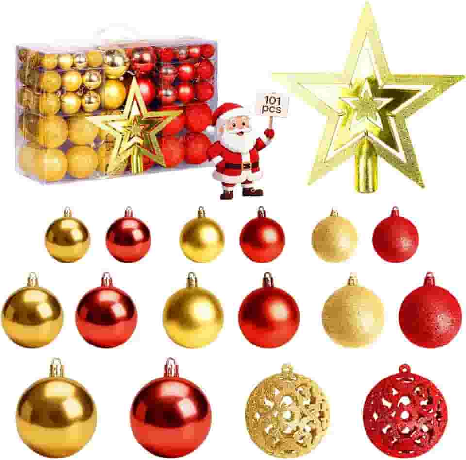 Kit de 101 Bolas Enfeites de Natal, com Designs Brilhantes/Mate/Foscos/Trabalhados em Tamanhos, 3/4/6 cm, Enfeite de Árvore de Natal em Forma de Estrela - Vermelho e Dourado (101)