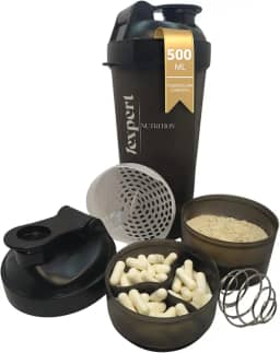 Coqueteleira 500 ml – Shaker Premium Compartimento Divisória para Cápsulas e Pó/Suplemento, Misturador de Aço e Peneira, Mistura Rápida e Design Fitness para Academia e Dia a Dia