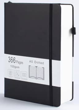 Diário pontilhado com 366 páginas numeradas, diário A5 com papel quadriculado de 100 g/m², capa dura de couro, para mulheres, homens, anotações escolares, diário de trabalho, 14,5 x 21 cm, preto