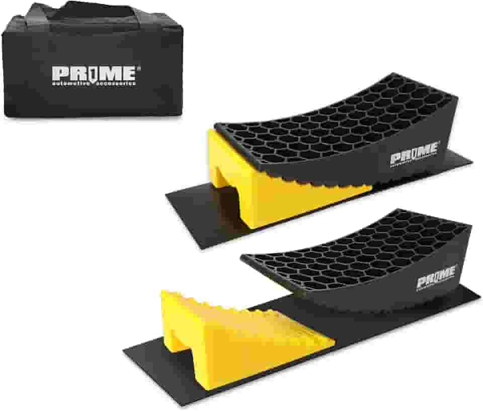 Pr1me Camper Leveler, pacote com 2 blocos de nivelamento RV, niveladores curvos HDPE, inclui 2 niveladores curvos, 2 calços, 2 tapetes antiderrapantes e bolsa de transporte