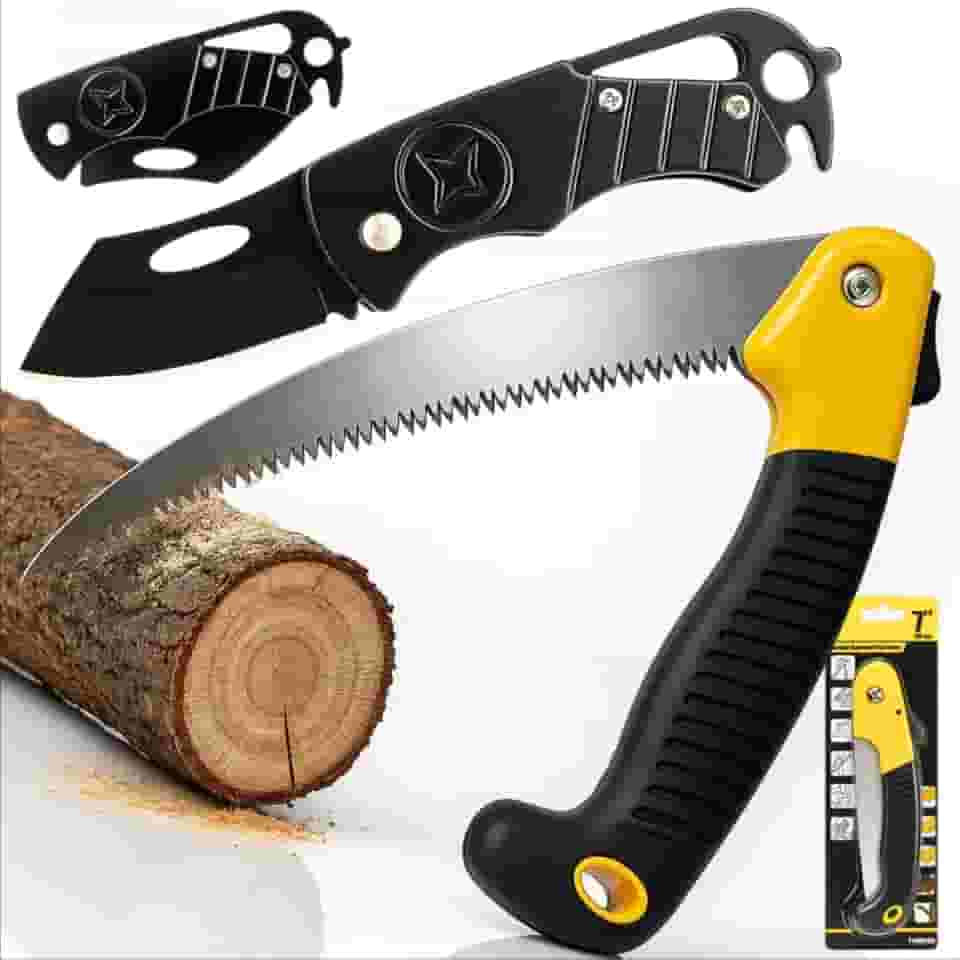 Kit Profissional Serrote Dobrável + Canivete Inox – Lâmina Afiada, Trava e Empunhadura Ergonômica – Ferramentas EDC Portáteis d Bolso para Camping, Jardinagem, Churrasco, Trilha, Pesca e Emergência