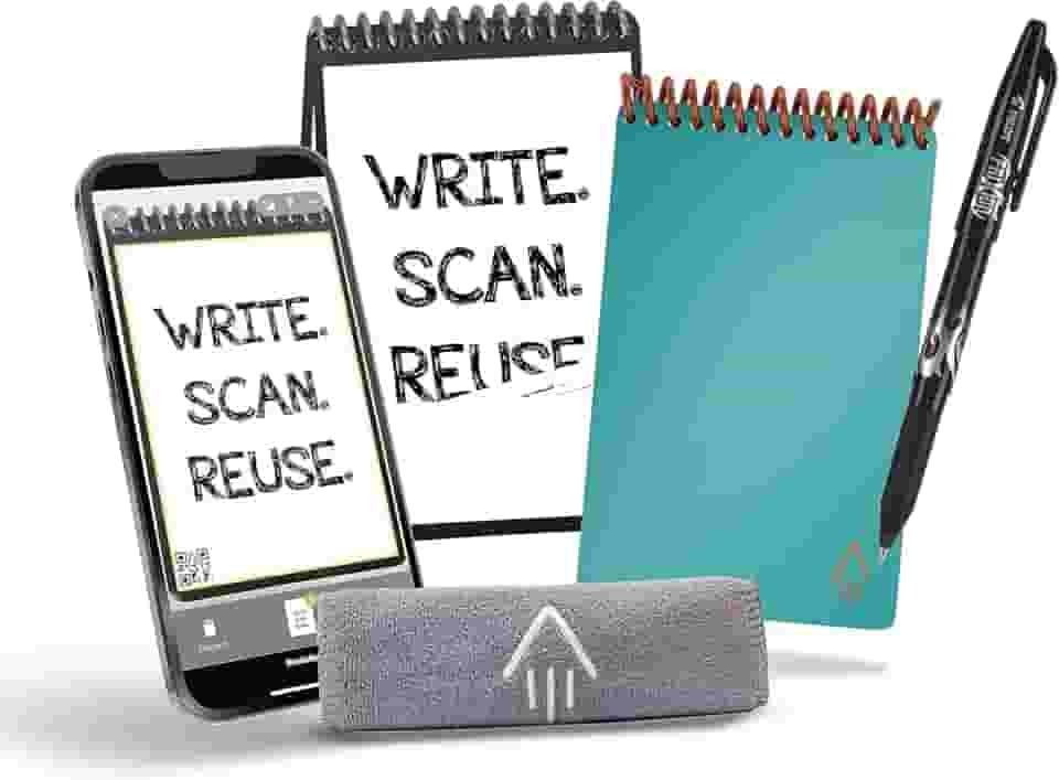 Rocketbook Caderno inteligente e reutilizável – Caderno ecológico pontilhado com 1 caneta Frixion Pilot e 1 pano de microfibra incluído – Capa Neptune Teal (8,89 cm x 14 cm)