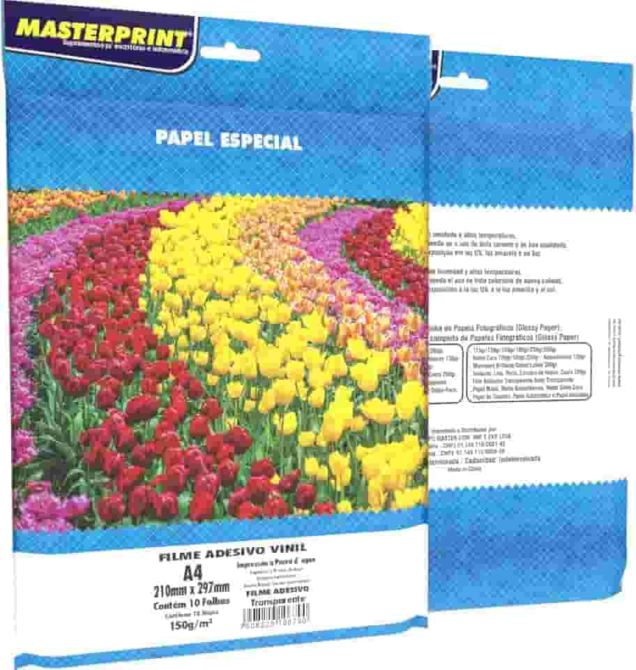 Filme Adesivo Vinil, Masterprint, Inkjet, A4, 150 Gramas, Transparente, A Prova D'água, Pacote Com 10 Folhas