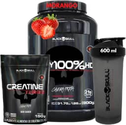 Whey Protein 100% HD Pure 900g Isolado - Hidrolisado - Concentrado Pote + Creatina Monohidratada 150g + Coqueteleira - Kit Black Skull Para Ganho de Massa e Força (Whey 100% Morango Pote + Creatina 150g)