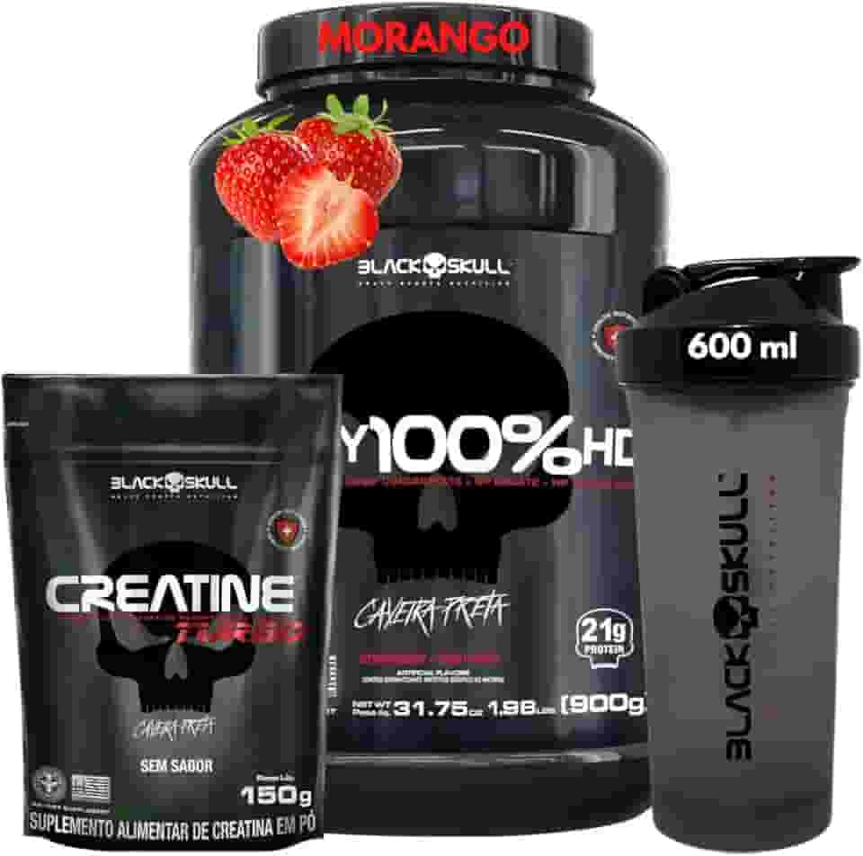 Whey Protein 100% HD Pure 900g Isolado - Hidrolisado - Concentrado Pote + Creatina Monohidratada 150g + Coqueteleira - Kit Black Skull Para Ganho de Massa e Força (Whey 100% Morango Pote + Creatina 150g)
