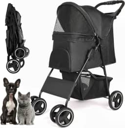 Carrinho de bebê para cães de estimação, quatro rodas com cesta de armazenamento, alça de roda dianteira de 360° com freio para cães pequenos, médios, gatos, viagem, carrinho dobrável (preto)