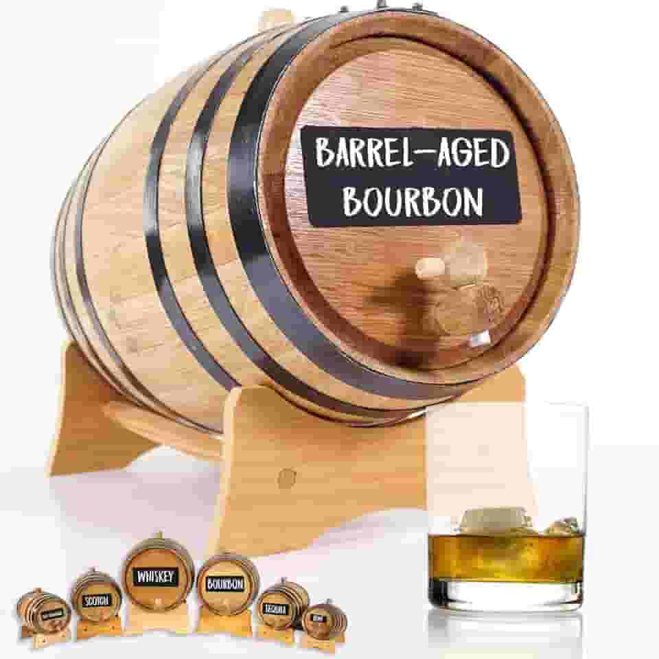 Barril de carvalho americano (2 litros) com lousa frontal - Mini barril carbonizado para coquetéis envelhecidos, bourbon, uísque, gin, molho picante - decoração de bar da Thousand Oaks Barrel Co.