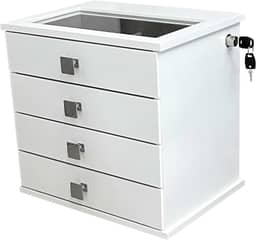 Reluz Art Gaveteiro Porta Joias Belle Forrado com 4 Gavetas, Visor e Tranca Lateral com Chave (Joias, Branco/Cinza)