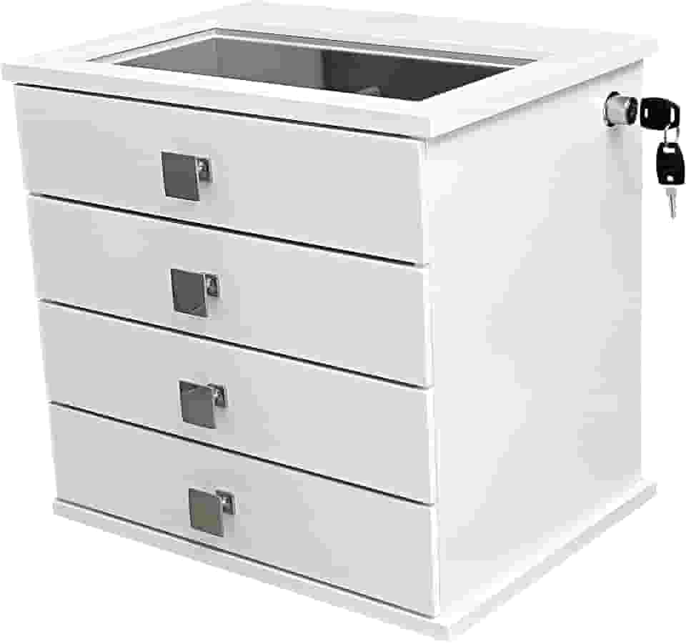 Reluz Art Gaveteiro Porta Joias Belle Forrado com 4 Gavetas, Visor e Tranca Lateral com Chave (Joias, Branco/Cinza)