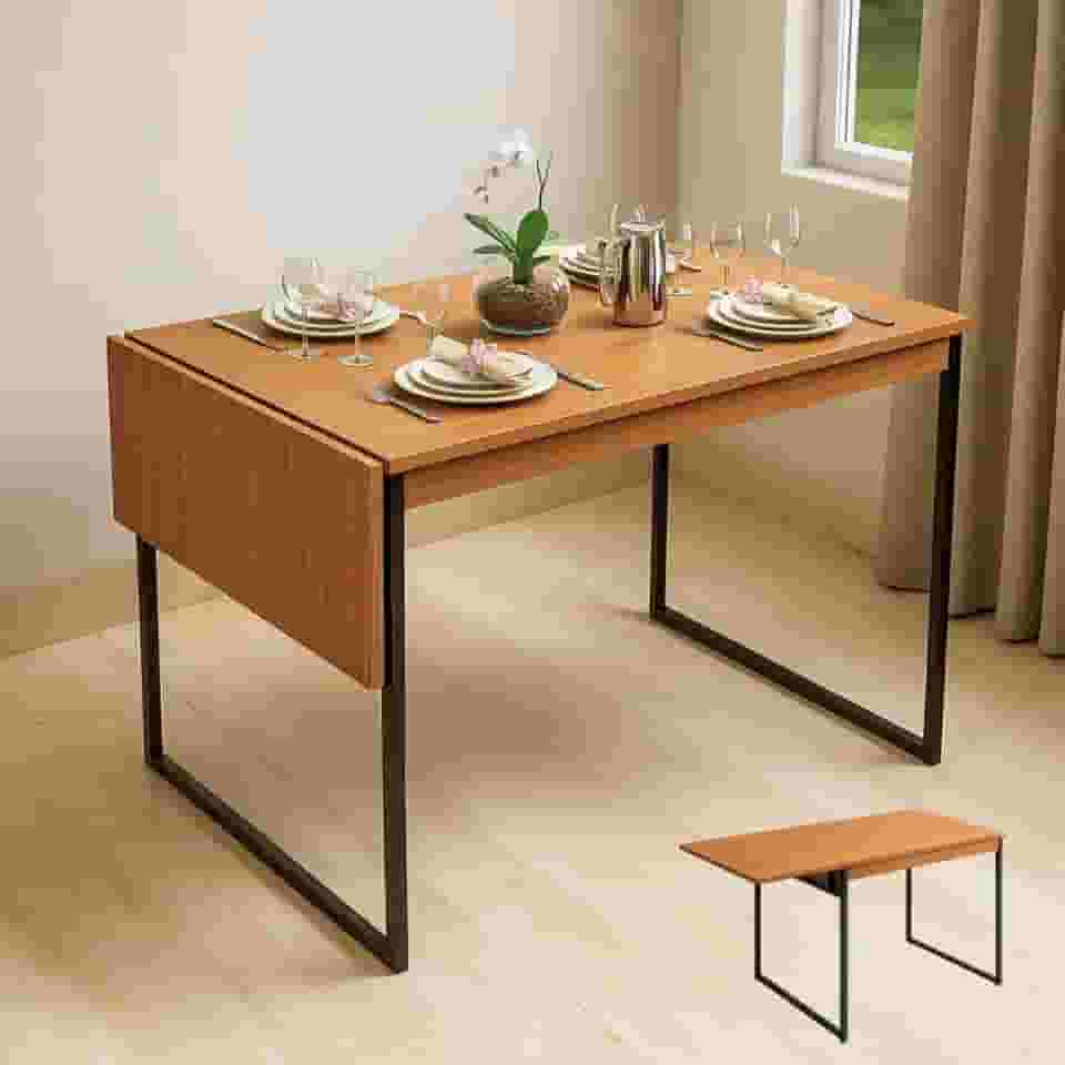 Mesa de Jantar Industrial Extensível Dobrável 100% MDF e Aço 130x60cm Ideal para Apartamento e Cozinha Moderna - Cor Freijó - Exclusividade